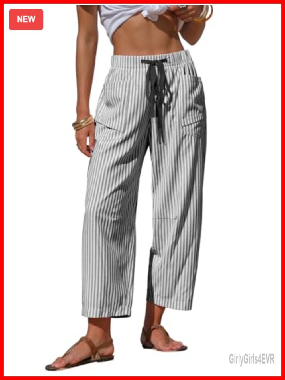 Women's Striped Wide Leg Capri Pants Elastic Drawstring Pockets